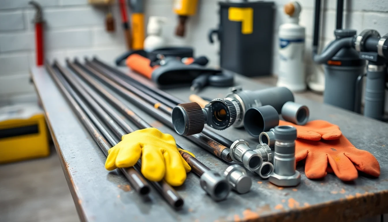 Drainage tools laid out on workshop bench
