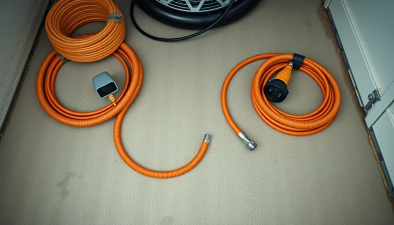 Flat-lay of drain rods, CCTV camera and jetting hose