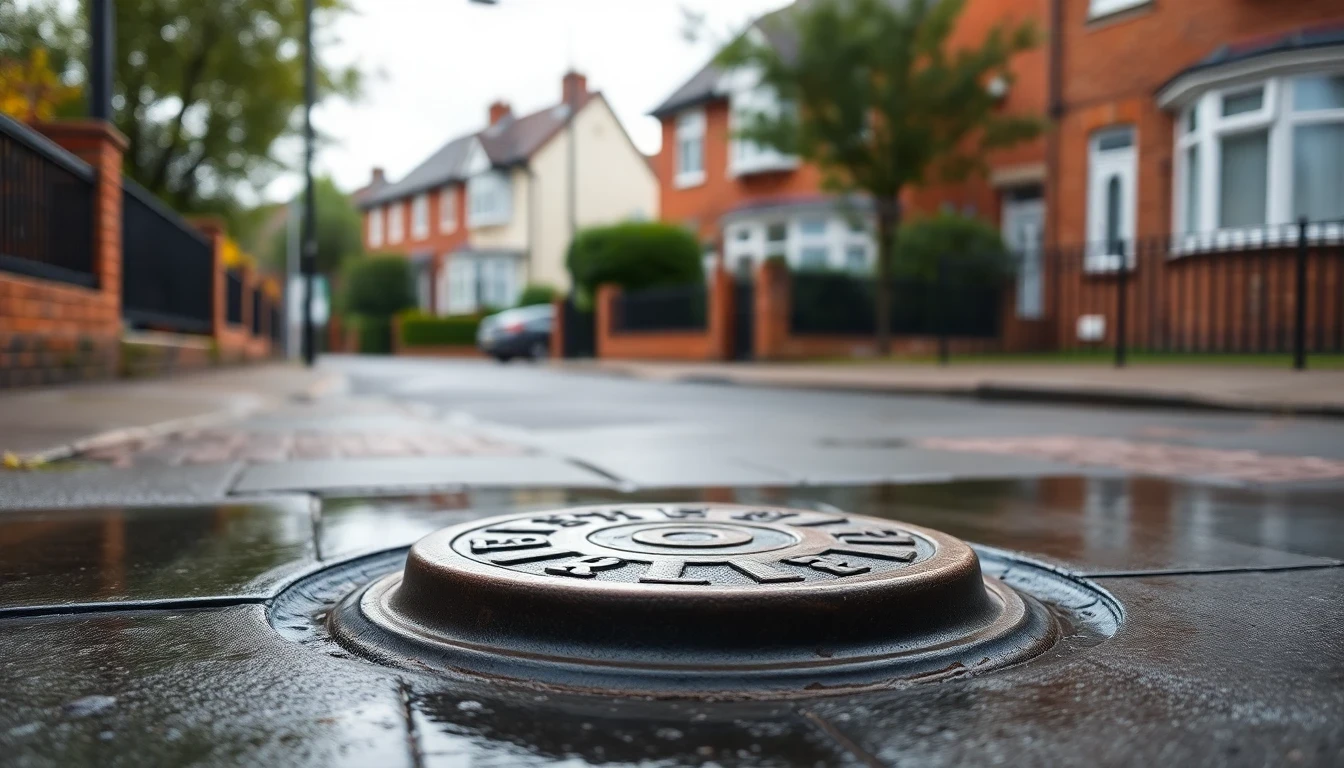 Cast-iron manhole cover on a wet Doncaster residential street, South Yorkshire