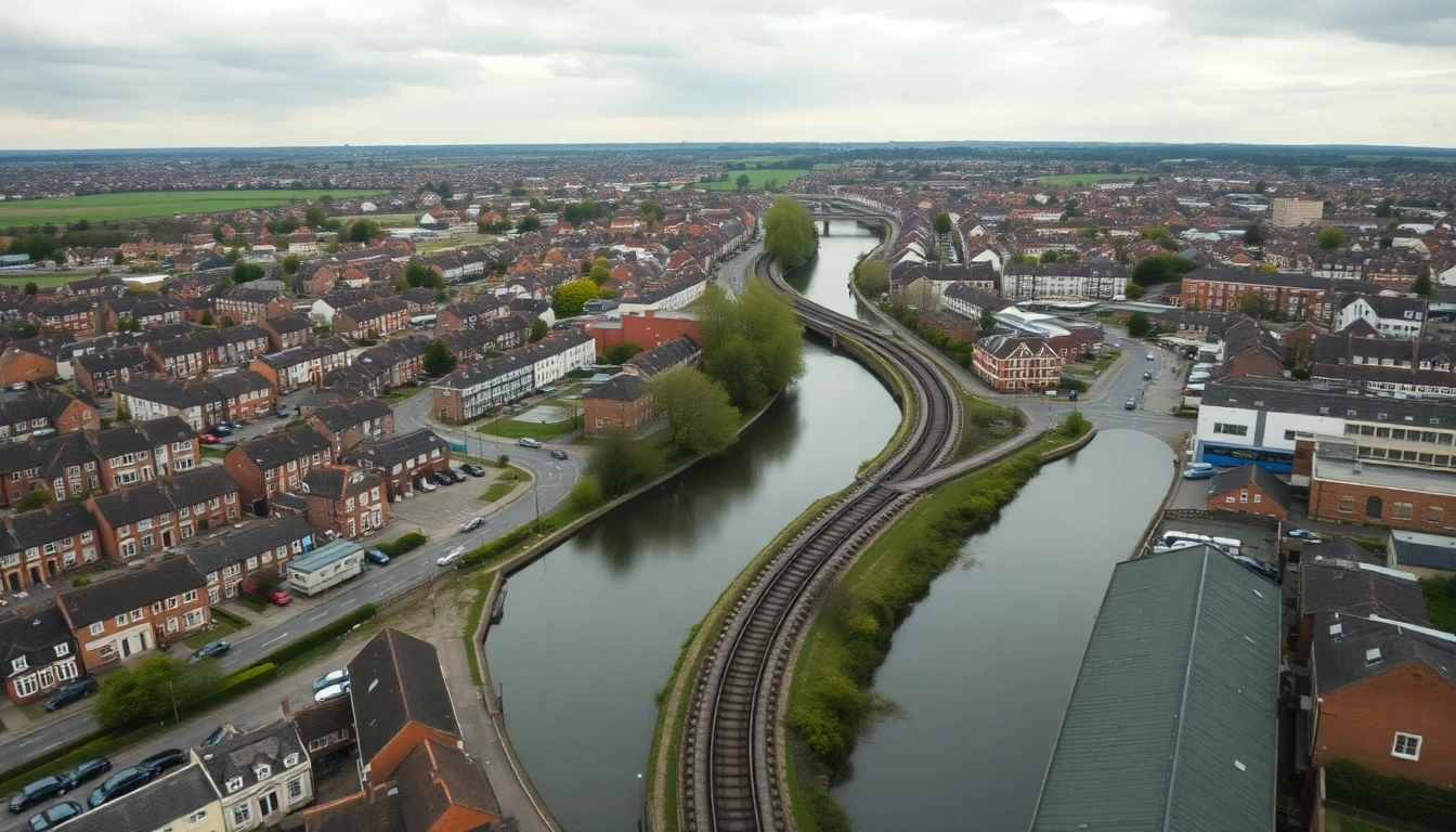 Aerial view of Doncaster town centre, River Don and rail lines visible