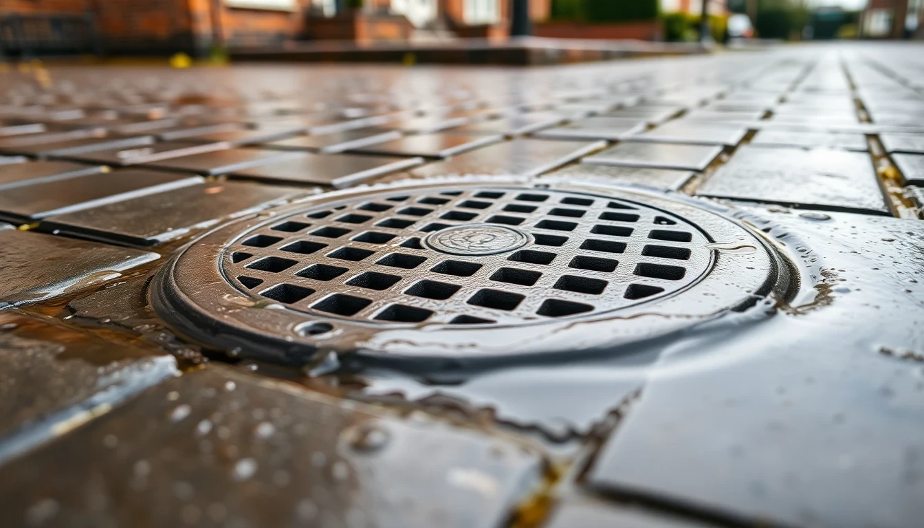 Steel drain grate on wet South Yorkshire paving